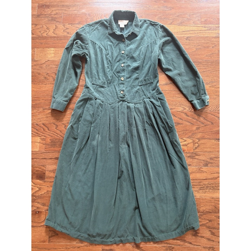 Alain Toussaint 80s Cottage Core Corduroy Dress Buttons Green Cotton Size 10